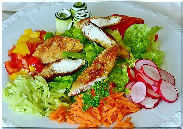 Plate of mixed salad with chicken breast.