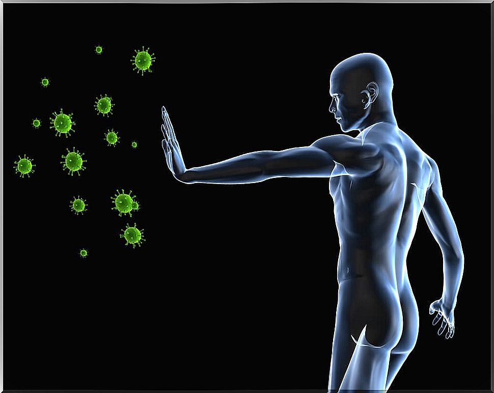 Human figure preventing the entry of viruses inside